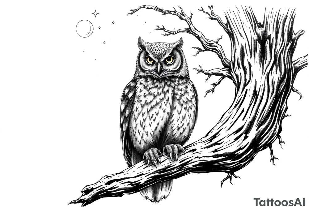 wise owl perched on ancient oak branch under starlit sky tattoo idea