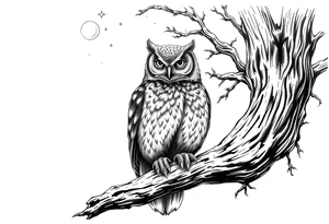 wise owl perched on ancient oak branch under starlit sky tattoo idea