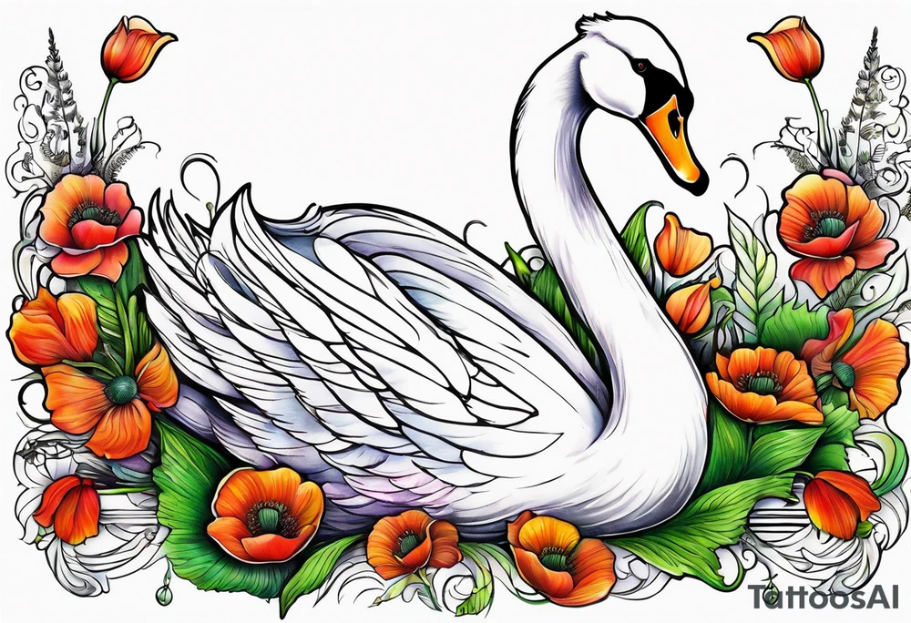 Colorful swan tattoo with poppies, Lily of the basket, sweet pea, fern leaf tattoo idea