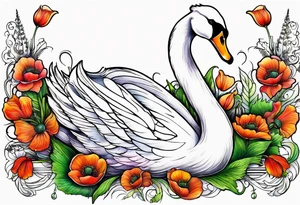 Colorful swan tattoo with poppies, Lily of the basket, sweet pea, fern leaf tattoo idea