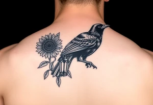 neotraditional crow with lantern and sunflower tattoo idea