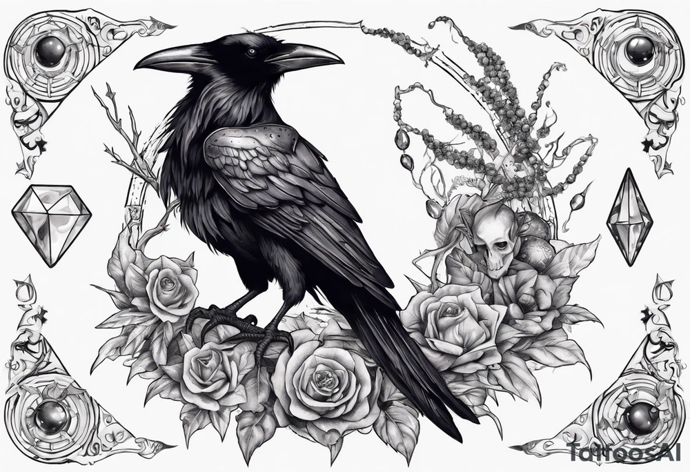 Demon Raven surrounded gems poisonous plants and astrology. tattoo idea