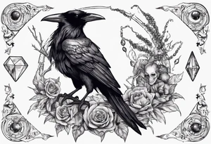 Demon Raven surrounded gems poisonous plants and astrology. tattoo idea