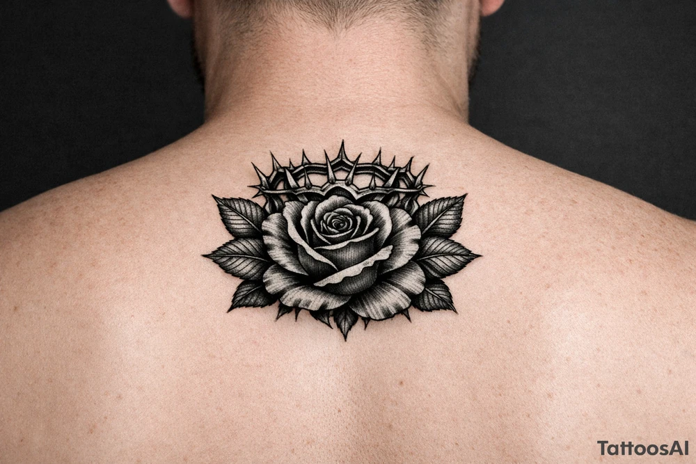 Red rose, no stem, leaves , American traditional style
Put something on top like a crown shaped thorns 
Old school style 
Add leaves tattoo idea