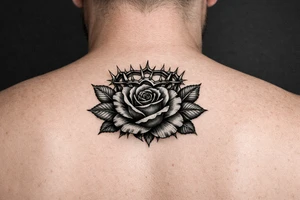 Red rose, no stem, leaves , American traditional style
Put something on top like a crown shaped thorns 
Old school style 
Add leaves tattoo idea