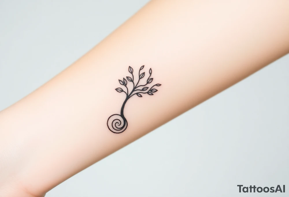 A tree with fee leaves, with a spiral line moving outward, as its roots tattoo idea