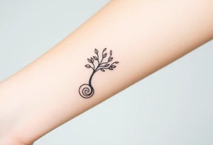 A tree with fee leaves, with a spiral line moving outward, as its roots tattoo idea
