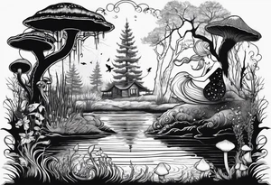 Mermaid silhouette in a swamp with cypress trees, mushrooms and music. tattoo idea