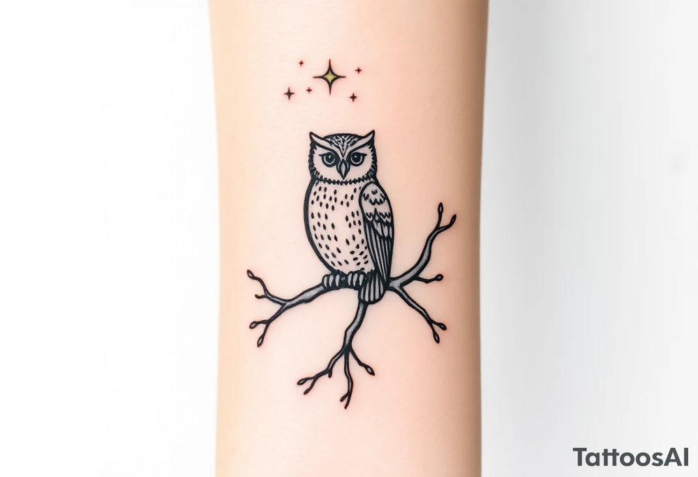 wise owl perched on ancient oak branch under starlit sky tattoo idea