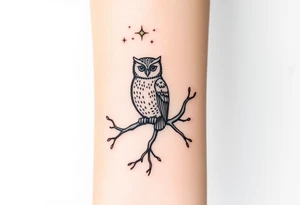 wise owl perched on ancient oak branch under starlit sky tattoo idea