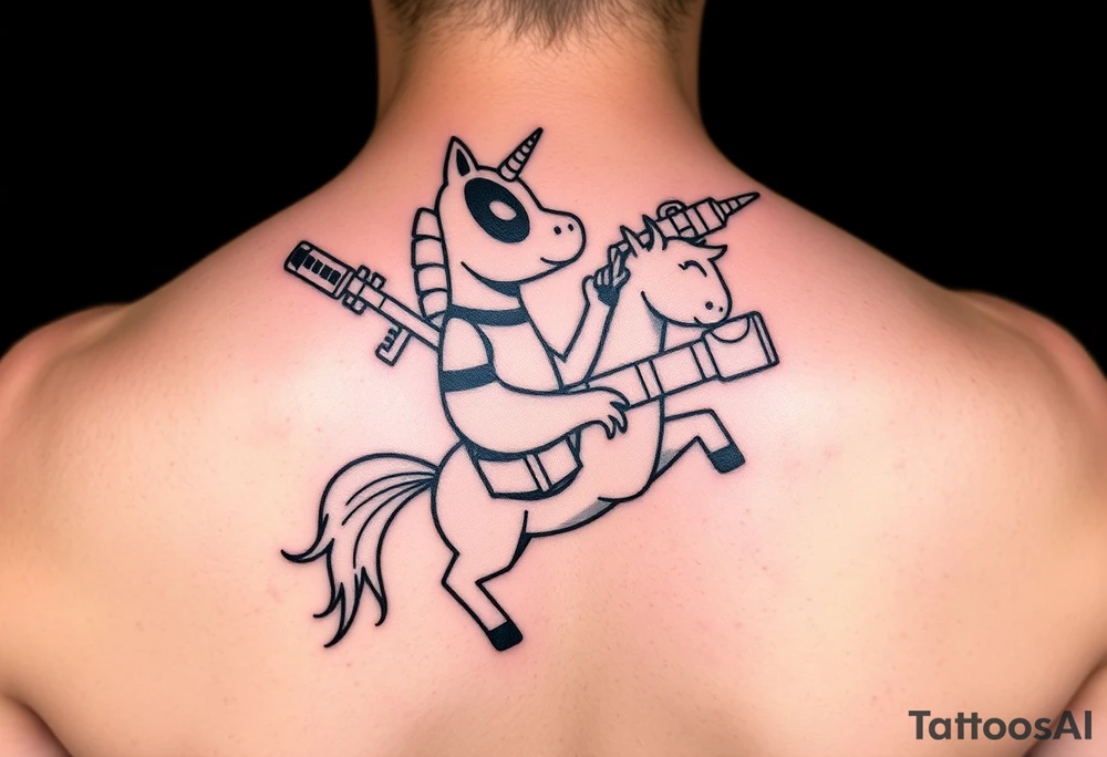 Deadpool riding cartoon unicorn holding rocket propelled grenade launcher tattoo idea