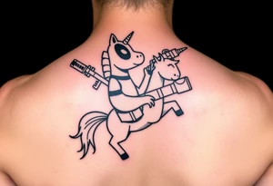 Deadpool riding cartoon unicorn holding rocket propelled grenade launcher tattoo idea