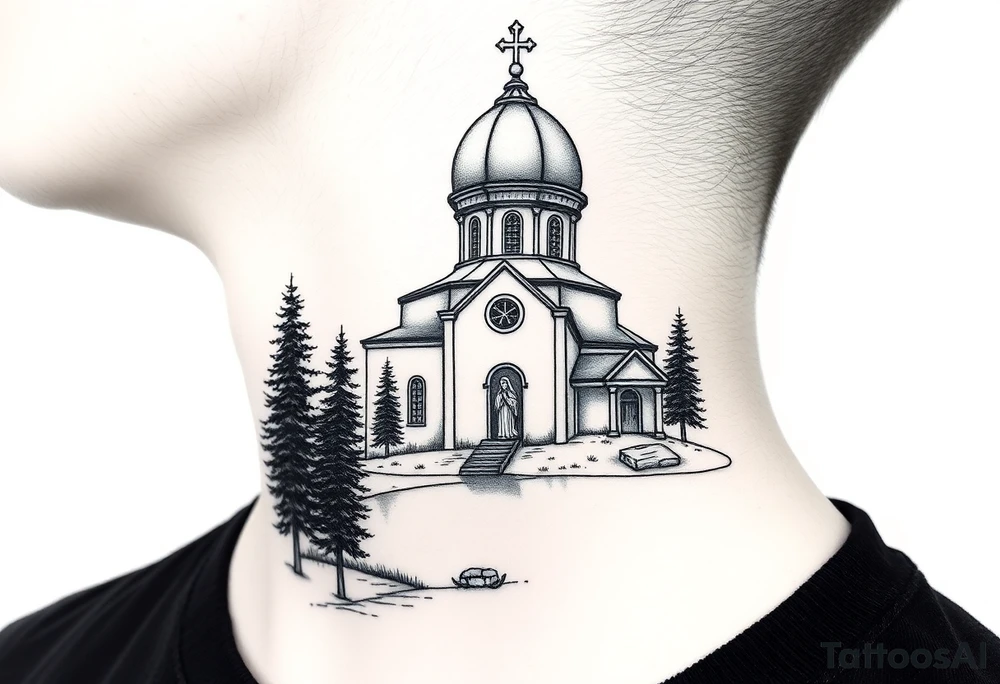 medium sized russian orthodox dome church with a separated virgin mary praying beside a lake and pine trees on the sized of my neck tattoo idea