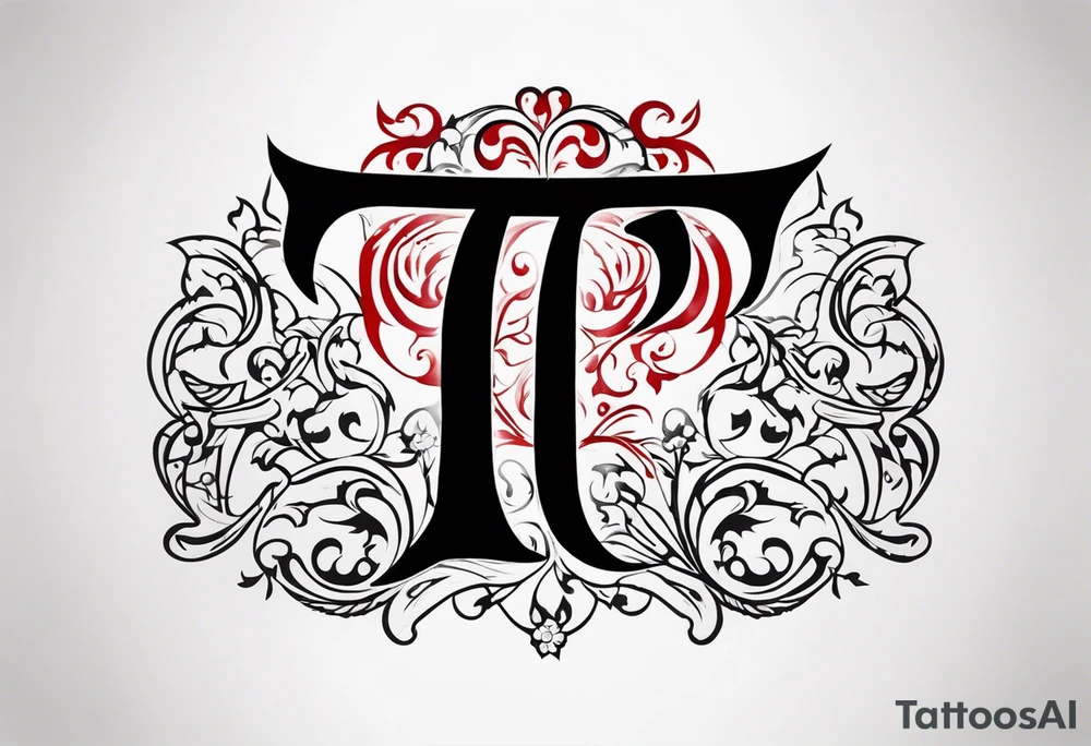 letter "T" in old english style, red and black colors only, 4k resolution, high quality tattoo idea