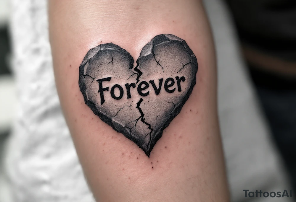 "Forever" carved into a weathered gray stone heart, cracked but unbroken. tattoo idea