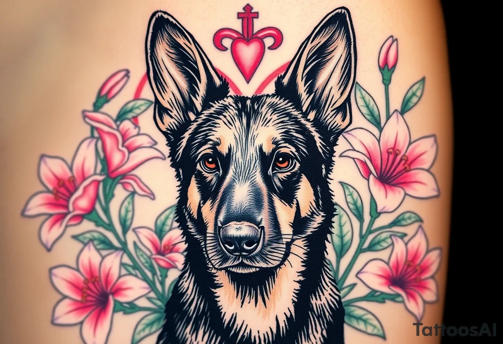 short haired german shepherd with alert ears surrounded by pink lilies with large leaves in front of a sacred heart tattoo idea