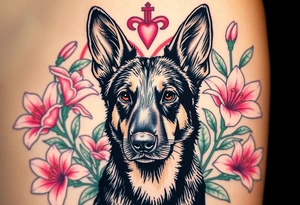 short haired german shepherd with alert ears surrounded by pink lilies with large leaves in front of a sacred heart tattoo idea
