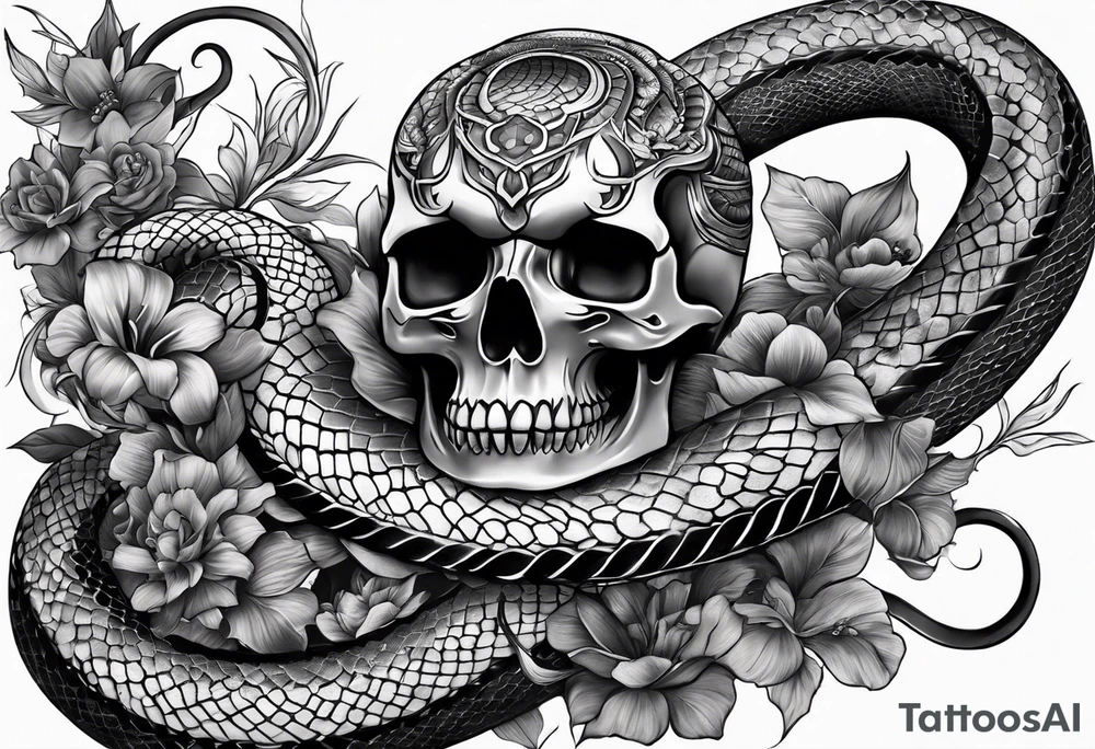 sleeve tattoo with a snake, gun, skull and Japanese designs, no flowers tattoo idea