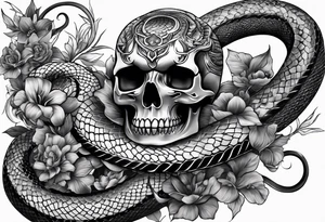 sleeve tattoo with a snake, gun, skull and Japanese designs, no flowers tattoo idea