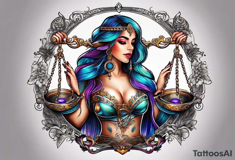Intricate libra scales held by a beautiful woman tattoo idea