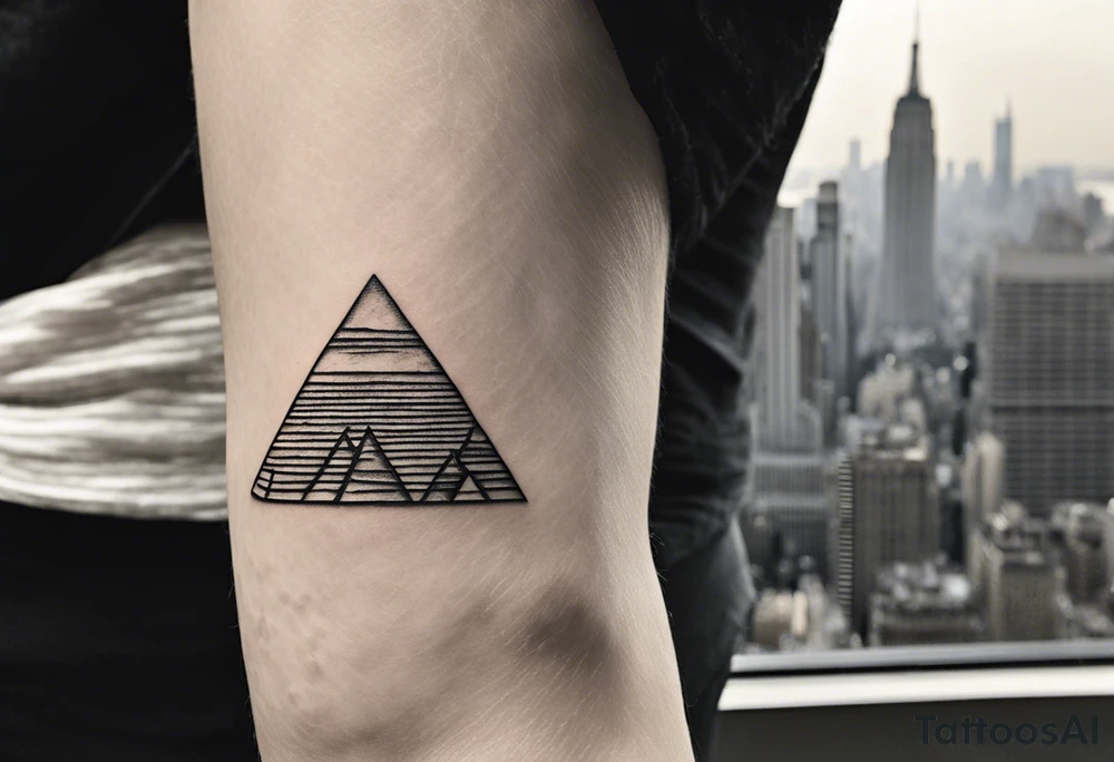 "Design a minimalist yet meaningful tattoo featuring a subtle fusion of the Pyramids of Giza and the Manhattan skyline. Opt for clean lines and essential elements, such as the silhouettes of the pyramids integrated with key skyscrapers. Consider a monochromatic color scheme to maintain simplicity, and choose a compact size for an understated yet impactful representation of your Egyptian and New York connections tattoo idea