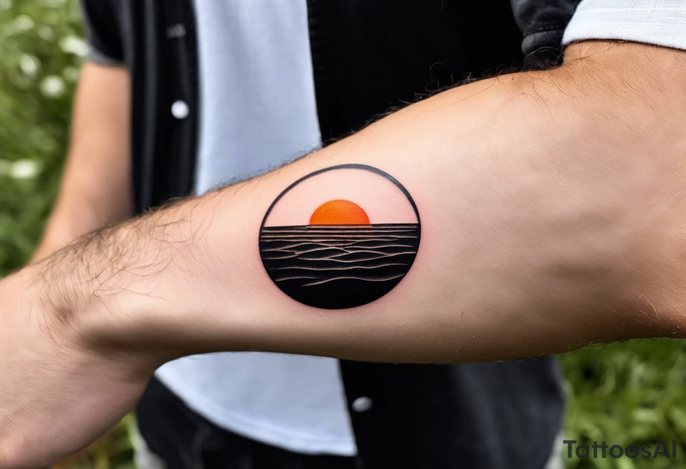 This is an extremely simple and minimalistic tattoo on male forearm. It is black and white with minuscule splashes of orange from the sun. The tattoo 4 inches wide by 2 inches tall. It is NOT a circle. From the perspective of being on the ocean, Water is calm, with no waves in sight, the sun is setting behind the ocean, reflecting light onto the water. The water has shading. tattoo idea