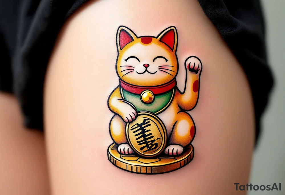 A golden maneki-neko (beckoning cat) with a red collar and green bib, sitting on a coin. tattoo idea