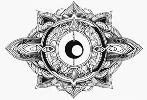 Please make me a sternum tattoo for a woman with the following details 
Mesoamerican themes like the sun and moon 
Ouroboros snake wrapped around an Orphic egg tattoo idea