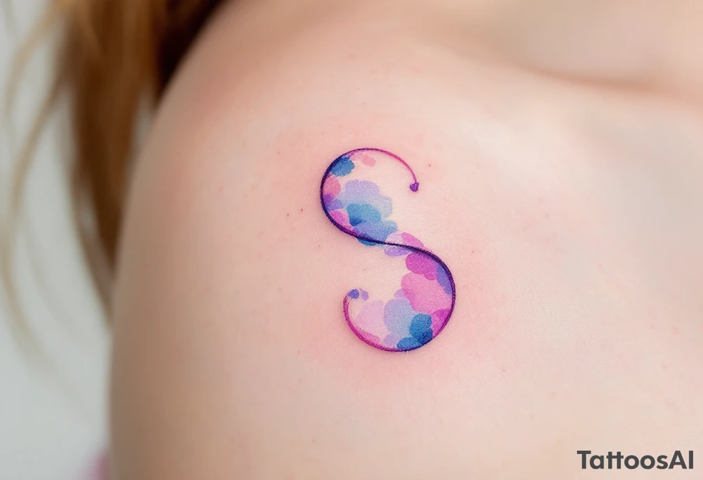A soft watercolor "S" blending shades of pink, blue, and purple with a dreamy effect. tattoo idea