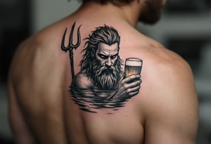 neptune with trident half way in calm water with a beer tattoo idea