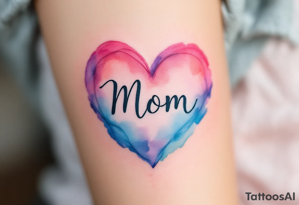 A watercolor heart in pink and blue with the word “Mom” scripted across it in elegant cursive. tattoo idea