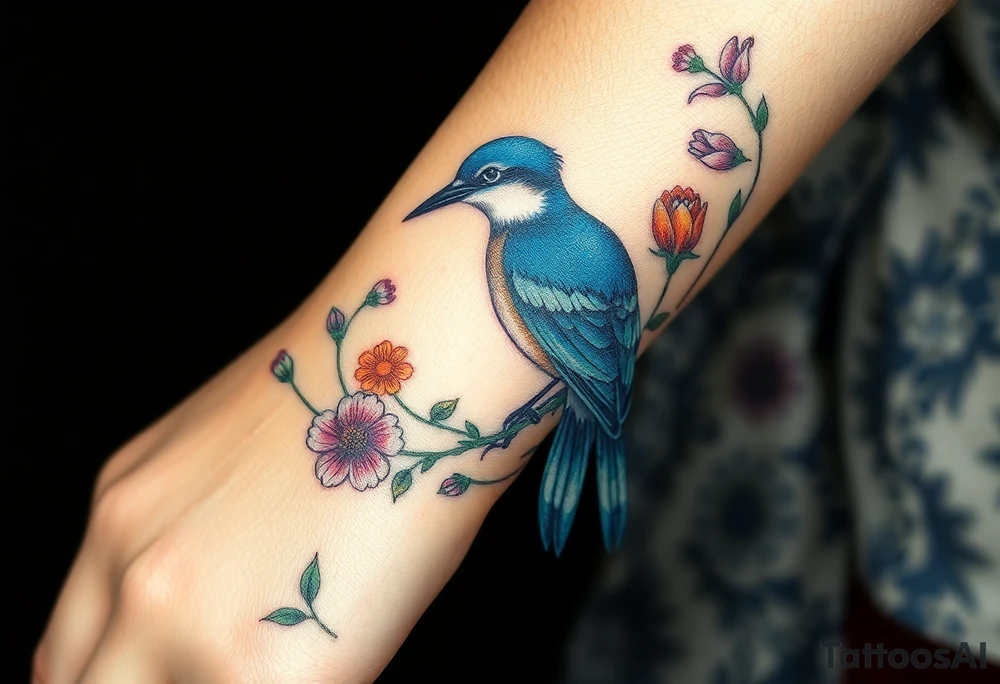 powerful majestic bluebird surrounded by wild flowers tattoo idea