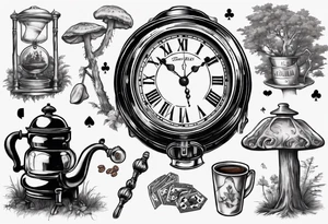 a mounting landscape
an antique clock with the time at 9:44pm
a cinema film
a deck of poker cards
boletus in the forest
Grandma's walking stick
An Italian coffee maker tattoo idea