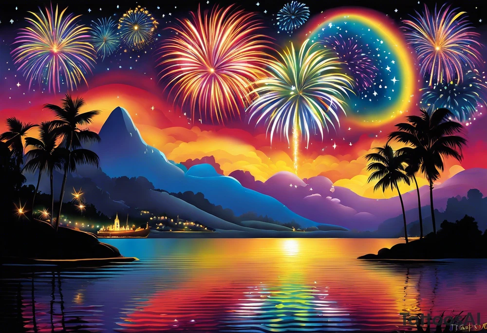 Fireworks burst across the night sky, surrounded by glowing candles and stars, capturing the magic and nostalgia of Colombian December nights. The scene is vibrant with multi-colored lights and an air of celebration. Soft linework mist or halos around the fireworks adds a magical, dreamy quality to the scene. The tattoo reflects joy and tradition, with an emphasis on warmth and festivity. tattoo idea