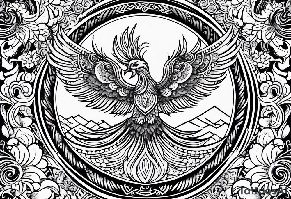Tribal bohemian feminine impowering Phoenix rising with smoke, mandala sun, floral, lace background tattoo idea