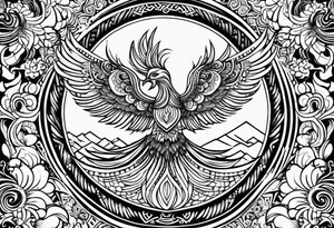 Tribal bohemian feminine impowering Phoenix rising with smoke, mandala sun, floral, lace background tattoo idea
