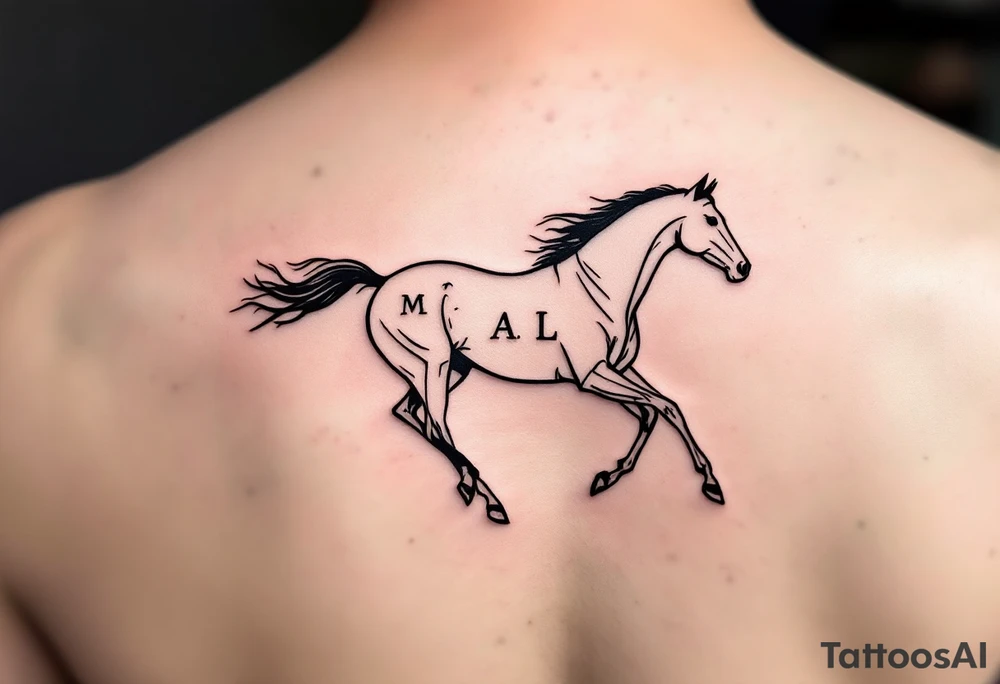horse silhouette 
from the front which gallops from the front, with the 3 small letters discreetly integrated: M, A, L tattoo idea