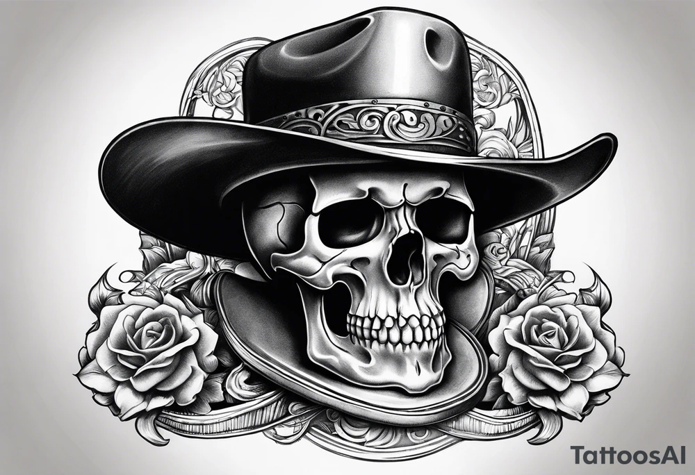 Skull with western hat sitting on hour glass tattoo idea