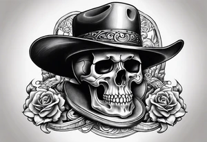 Skull with western hat sitting on hour glass tattoo idea