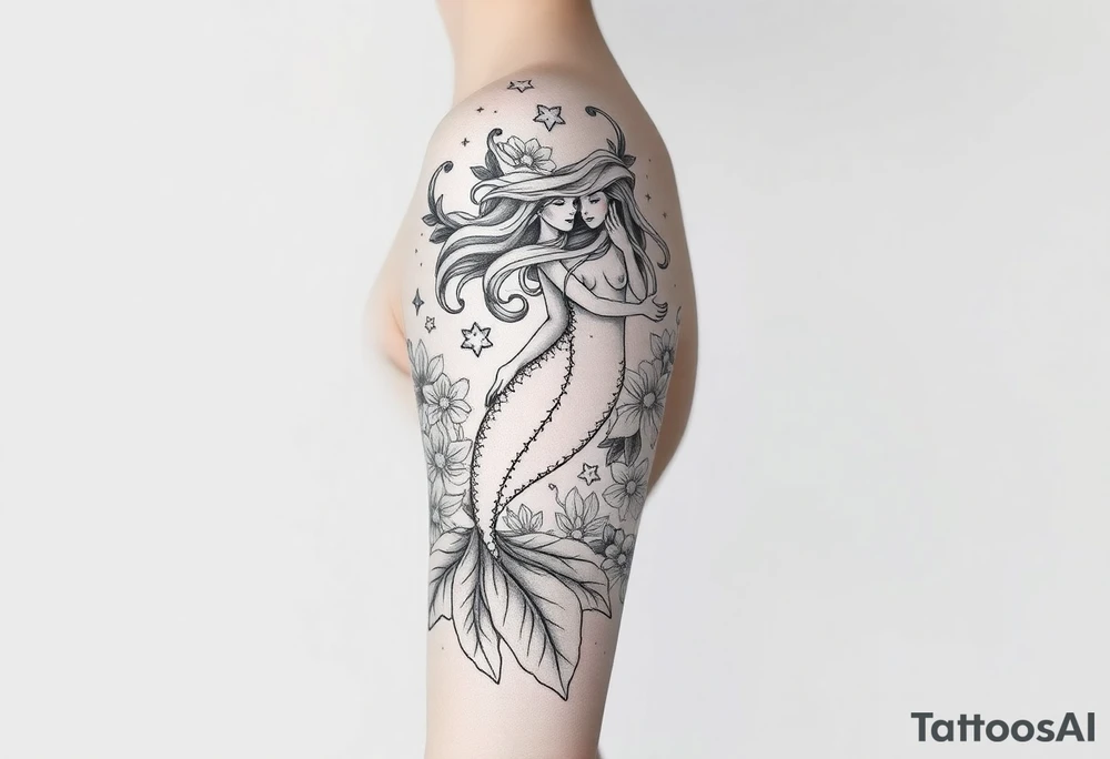 ethereal mermaid with flowing hair among coral and sea flowers tattoo idea