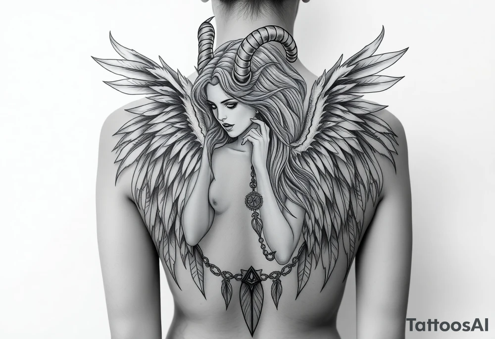 Menacing full body Woman Harpy with horns and lots of feathers tattoo idea