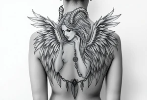 Menacing full body Woman Harpy with horns and lots of feathers tattoo idea