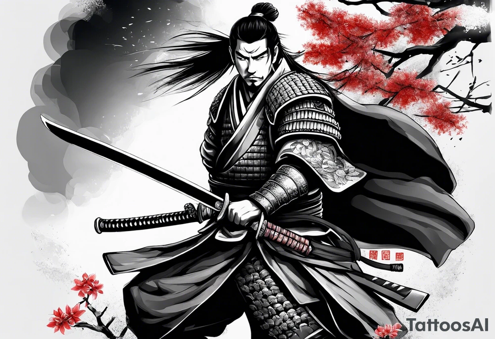 samurai with sword in blood, in armor, for a forearm
Should contains sakura leaves 
The tatoo should show i have dedication, respect and inner strength, and I try to become better everyday tattoo idea