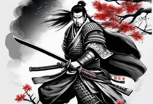 samurai with sword in blood, in armor, for a forearm
Should contains sakura leaves 
The tatoo should show i have dedication, respect and inner strength, and I try to become better everyday tattoo idea