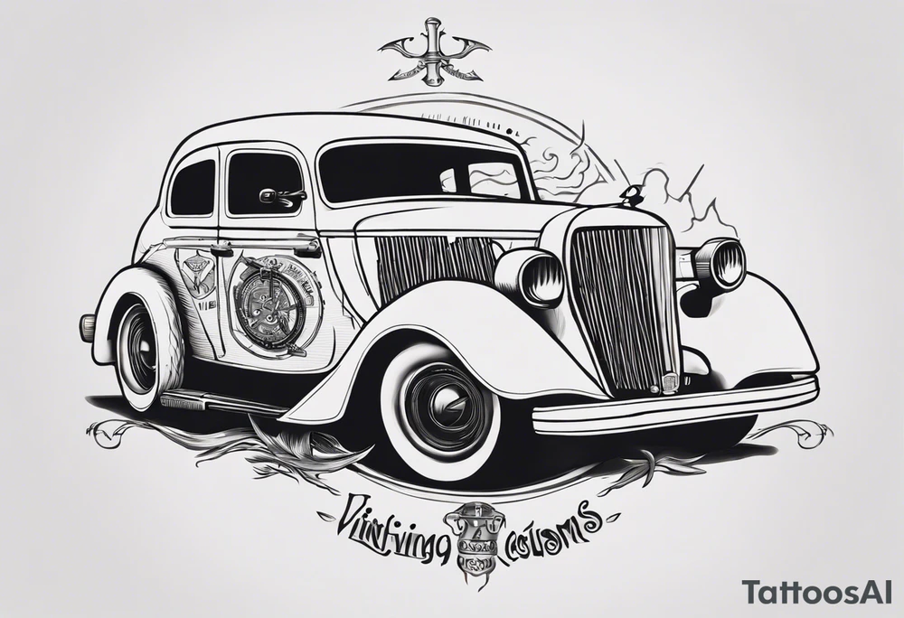 i want a tattoo of a viking and a old classic vintage car  and I want the words “Viking Customs” incorporated into the design tattoo idea