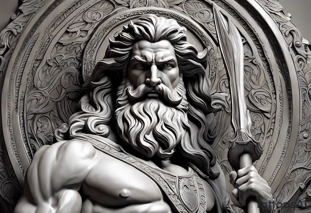 Poseidon is shown in a powerful and commanding pose, with intricate details highlighting his muscular physique and regal presence. His long, flowing beard and hair are depicted with meticulous shading, giving them a lifelike texture. The god’s eyes are intense and penetrating, capturing his divine authority.

He holds his iconic trident, detailed with sharp, defined prongs and intricate designs along the handle. The trident is positioned prominently, symbolizing his dominion over the oceans. His skin is rendered with lifelike textures, and the flowing elements of his hair and beard suggest movement, as though caught in a gust of wind.

The background is kept minimalistic and clean, focusing solely on Poseidon and his trident, allowing the detailed depiction of the god himself to stand out. The use of shadows and highlights enhances the three-dimensional effect, bringing out the strength and majesty of Poseidon in a strikingly realistic manner. tattoo idea
