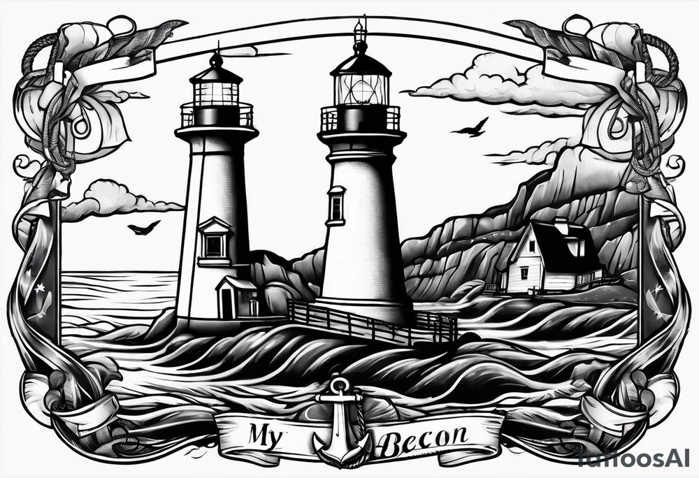 Lighthouse and anchor that says "my beacon, my anchor" tattoo idea