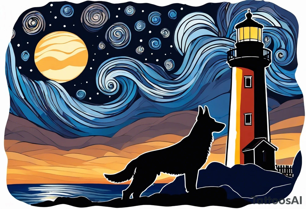 A silhouette of a german shephard, and an adult human male, looking up at a night sky in the style of Van Gogh Starry Night with a lighthouse in the background. Must be narrow and tall to fit on an upper arm. tattoo idea