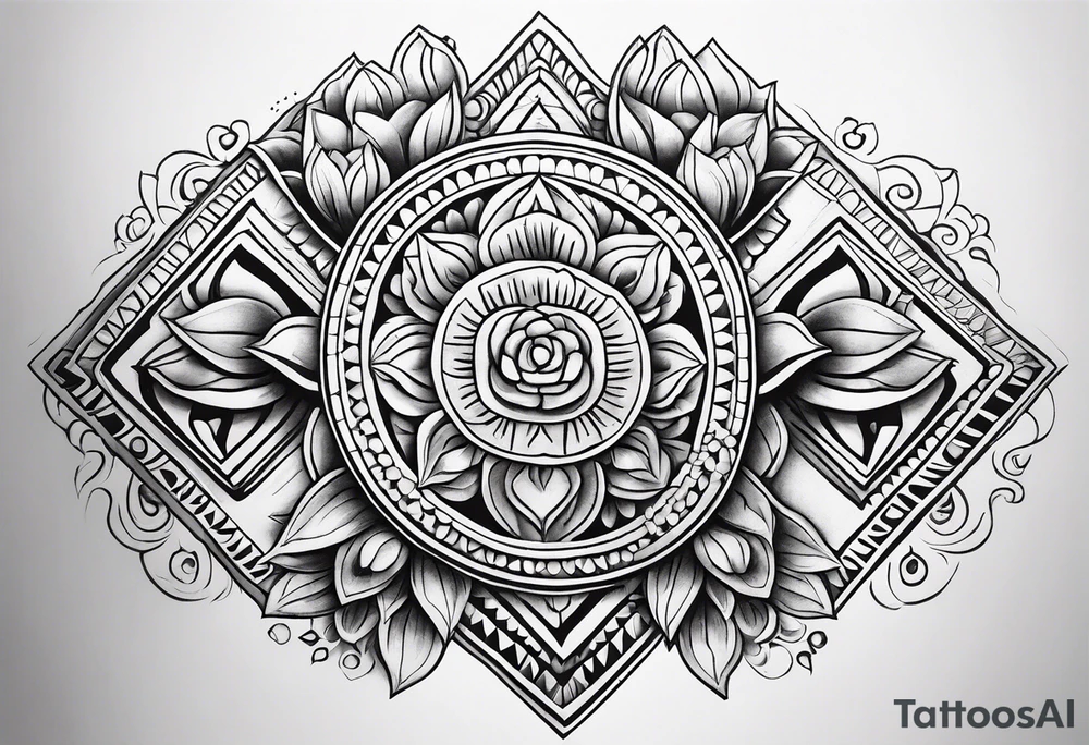 Create a masculine aztec tattoo design carved in stone featuring three flower buds of Gypsophila spp. tattoo idea