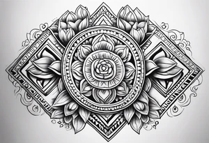 Create a masculine aztec tattoo design carved in stone featuring three flower buds of Gypsophila spp. tattoo idea